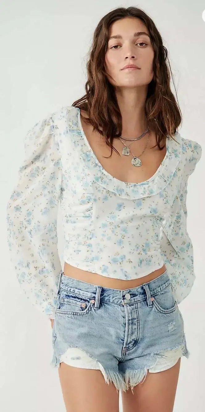 Free People Another Life Printed Smocked Tie Back Blouse